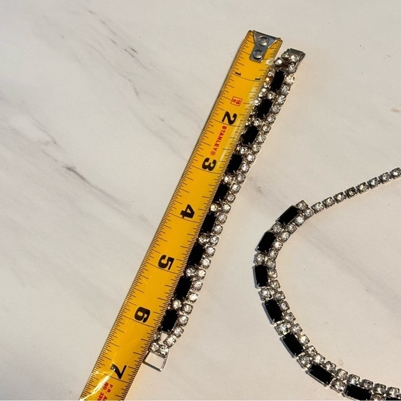 Vintage crystal black and clear, rhodium overlay necklace bracelet set prongset - Picture 6 of 11
